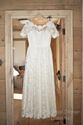 Boat Neck Short Sleeve Vintage Lace Floor Length Ivory Wedding Dresses